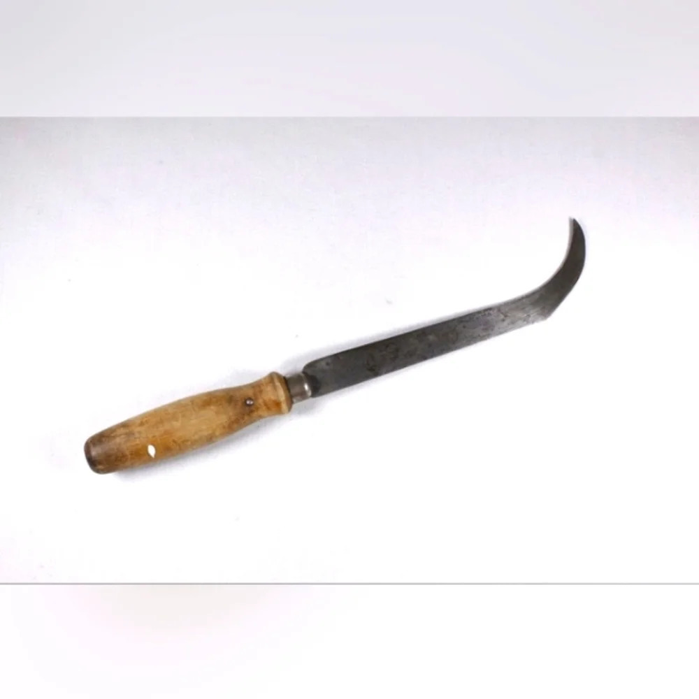 Vintage wood handle curved chefs knife, carbon steel leather tool cobblers knife